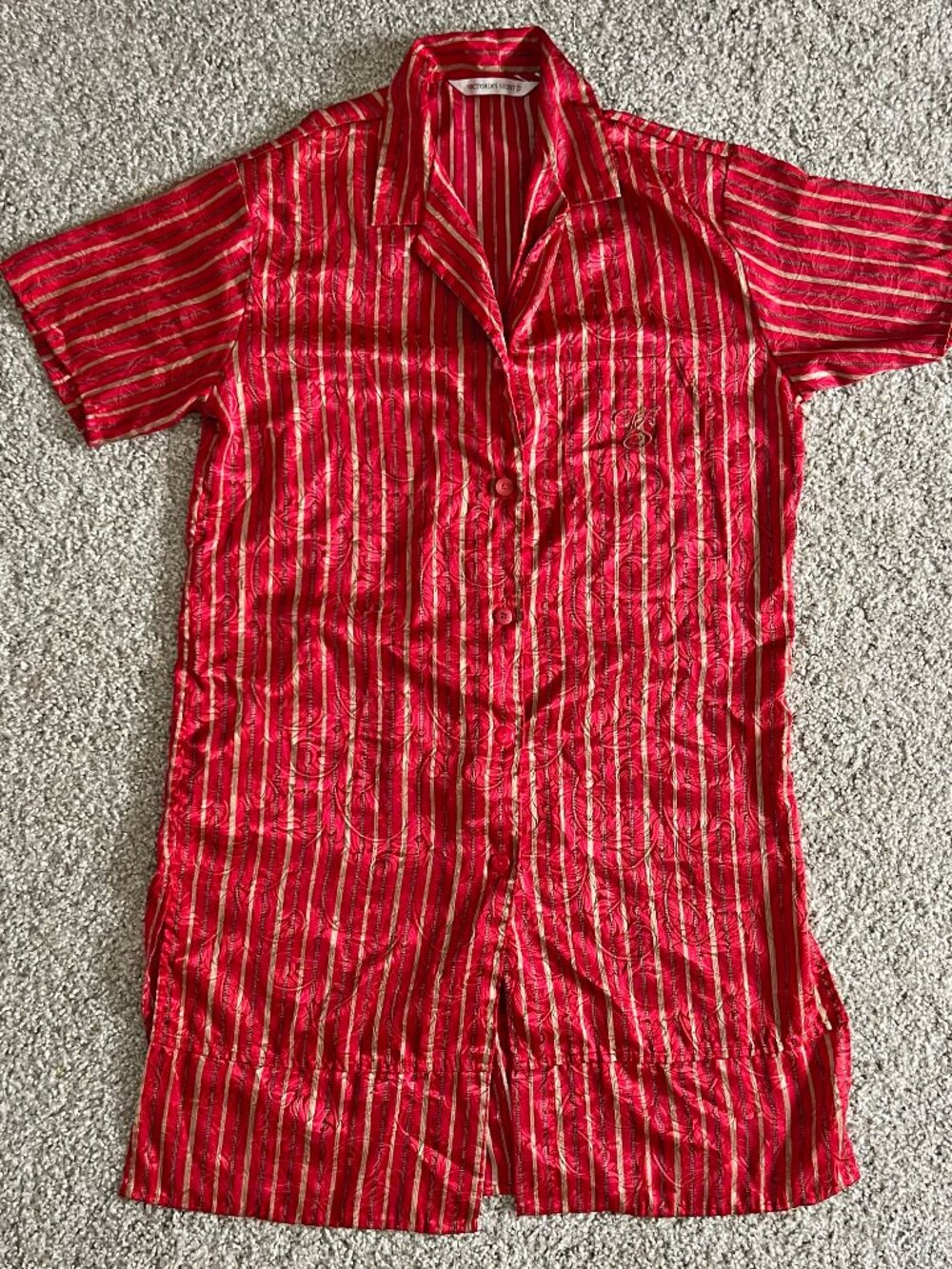 90s Victoria’s Secret Red Striped Oversized Button Down Nightgown Embroidered S